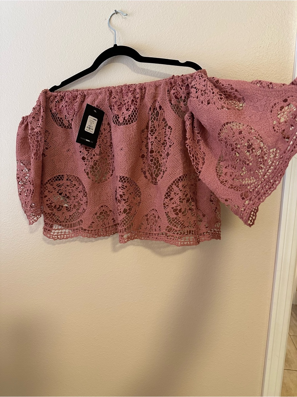 Fashion Nova Dusty Rose Off-Shoulder Crochet Crop Top